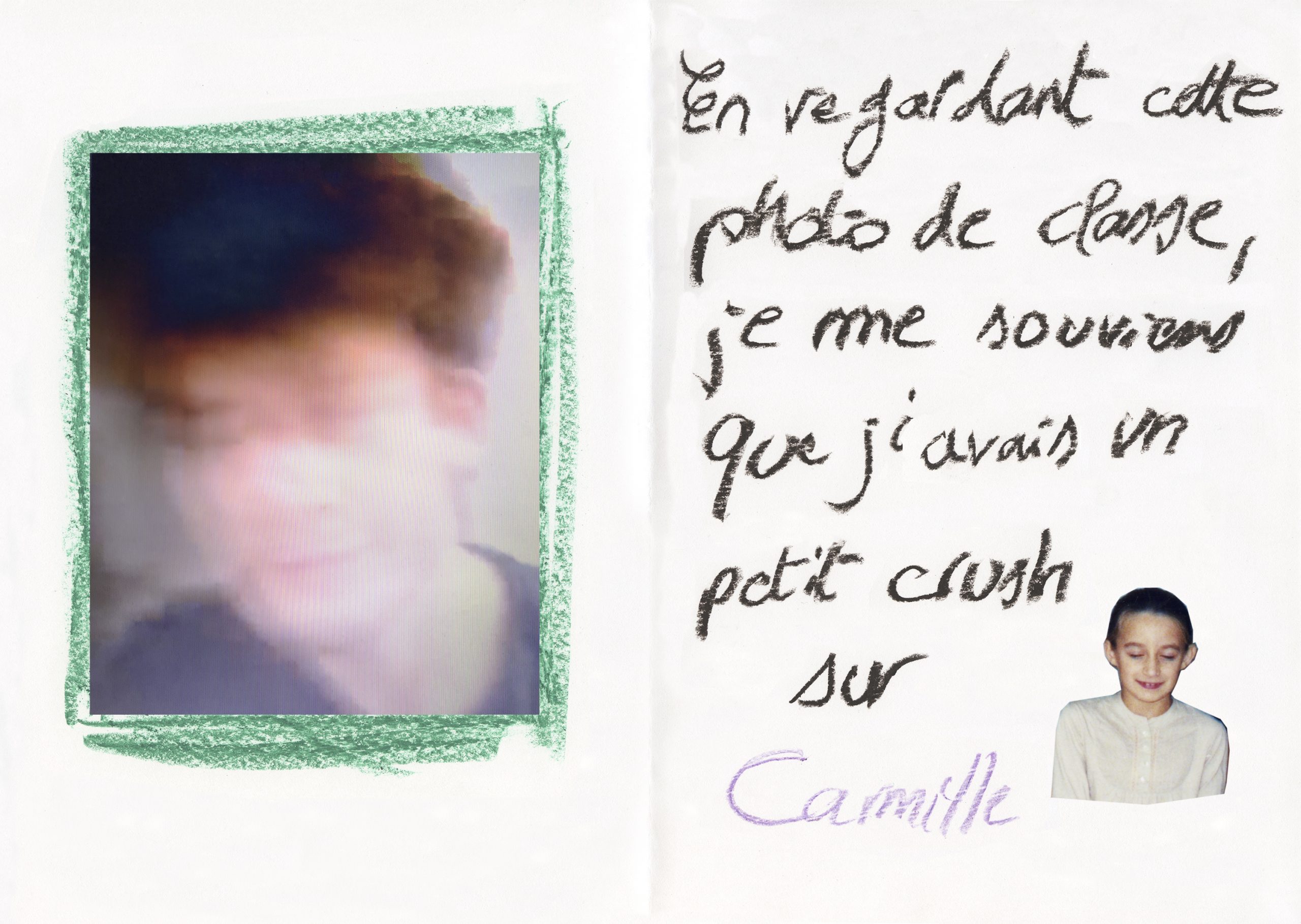 Image en format paysage, sur la moitié gauche de l'image se trouve une photo portrait flou de Robin encadrée par de la pastel verte. Sur la partie droite de l'image est écrit le témoignage de Robin à la pastel ne l.